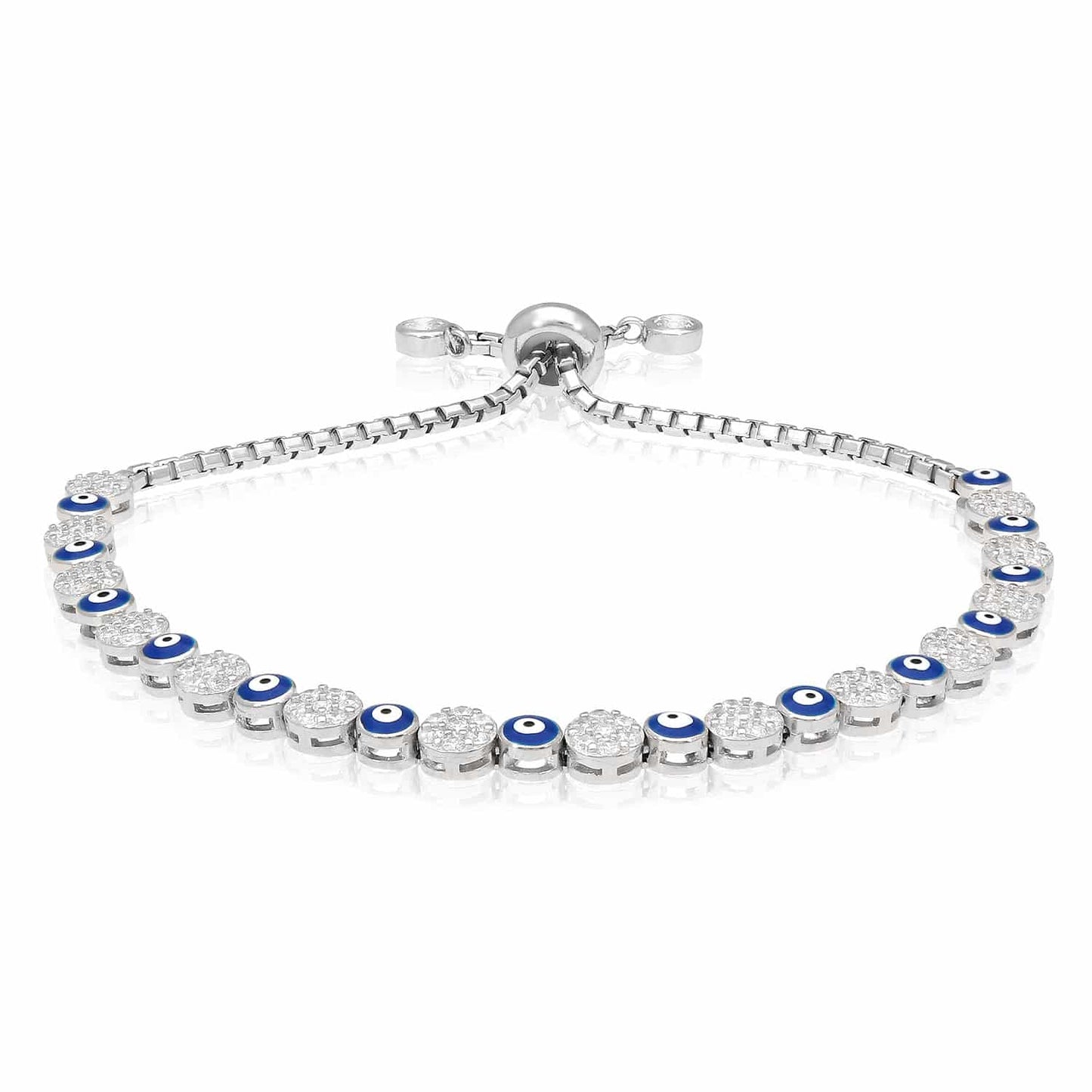 White Sapphire Clusters Silver Evil Eye Bolo Bracelet 5.25"-9.25" Adjustable