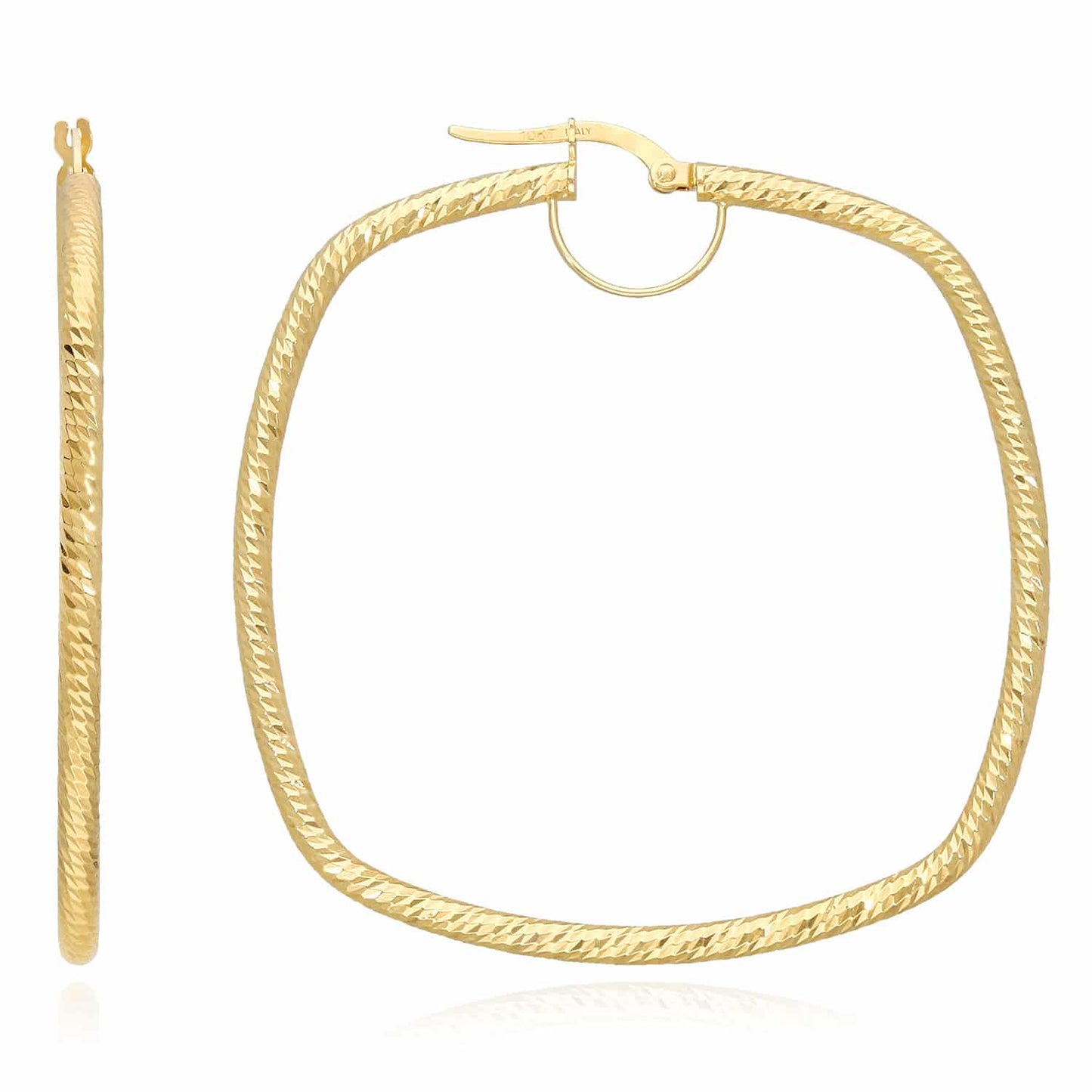 10K Gold Diamond Cut Square Hoop Earrings 50mm