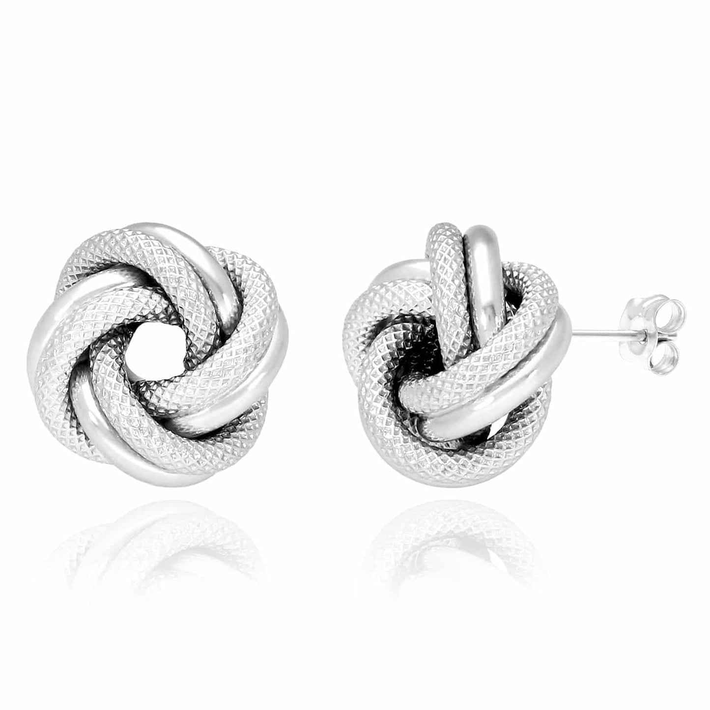 14K Two-Tone White Gold Mesh Tube Love Knot Stud Earrings 14mm