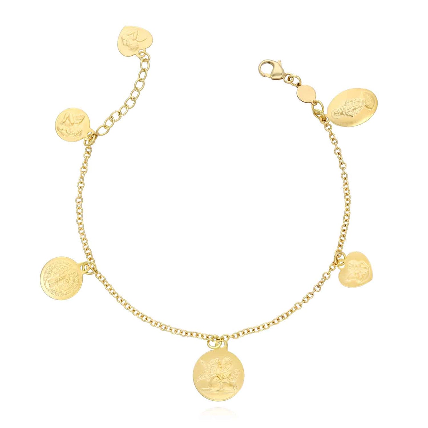 10K Gold Religious Saint Angels Heart Medal Charms Bracelet 6.5"-7.5" Adjustable