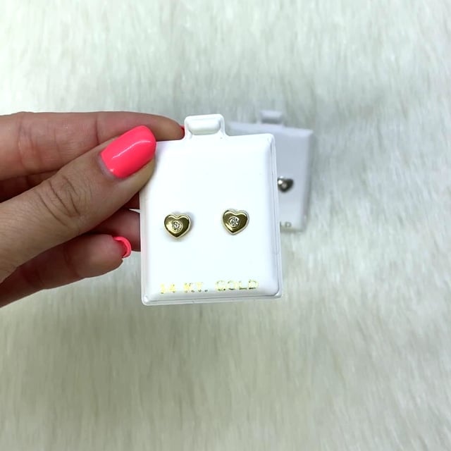 14K Yellow White Gold Cubic Zirconia Puffed Heart Stud Earrings 7mm