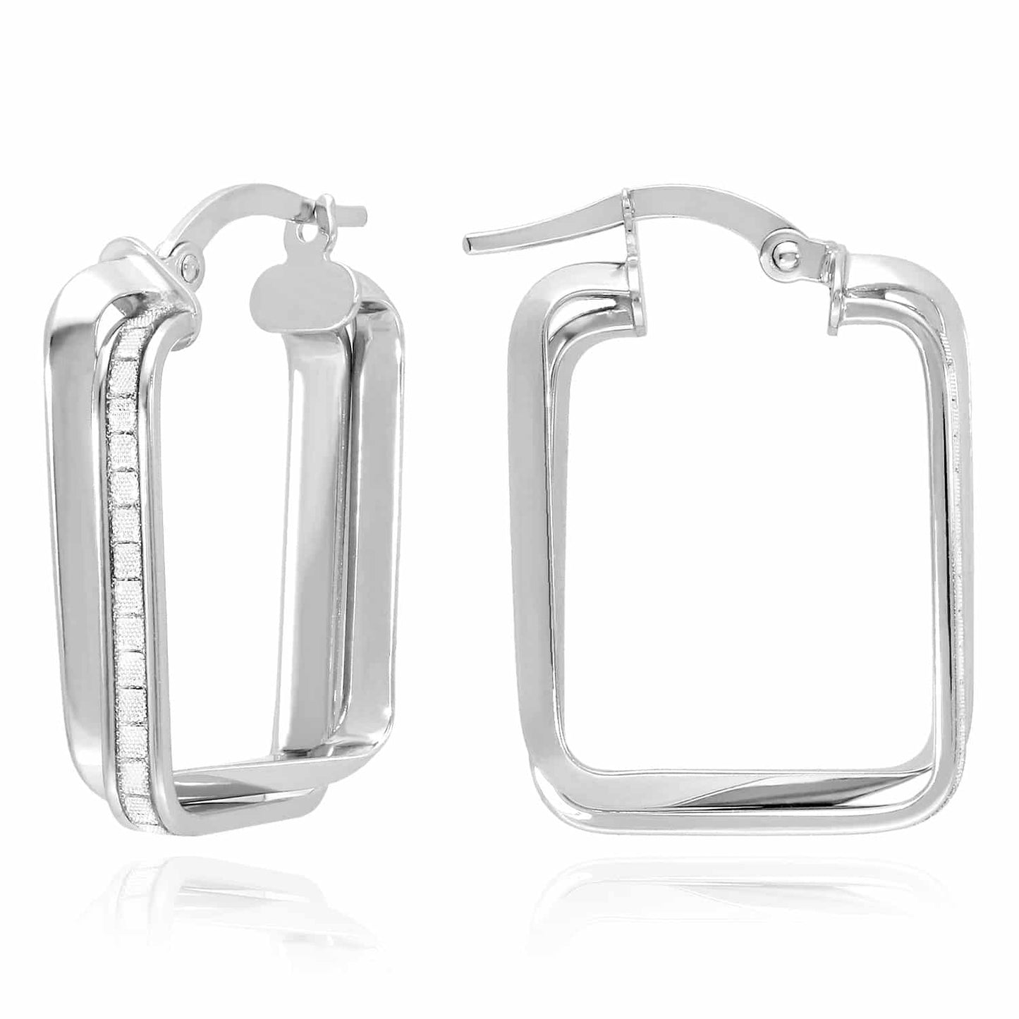 14K White Gold Twisted Tube Diamond Cut Rectangle Hoop Earrings 25mm