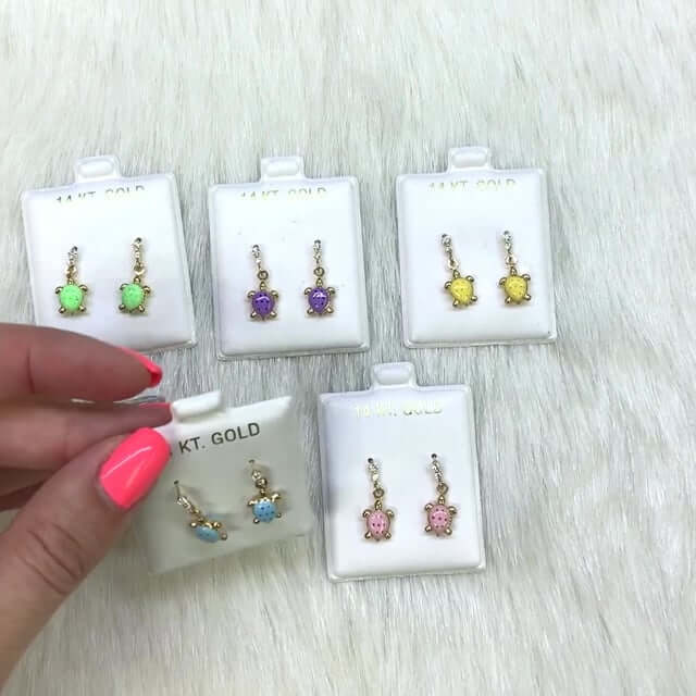 Kids 14K Gold CZ Enamel Turtle Screw Back Stud Earrings