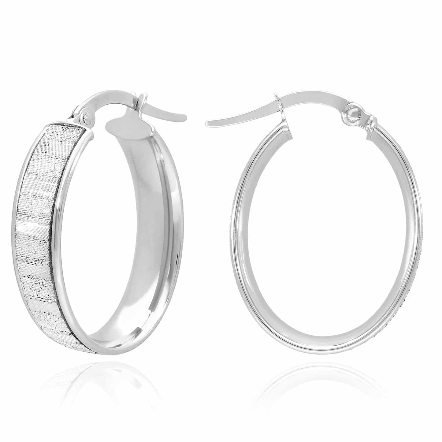 14K White Gold All-Around Diamond Cut Stripes Flat Tube Oval Hoop Earrings 25mm
