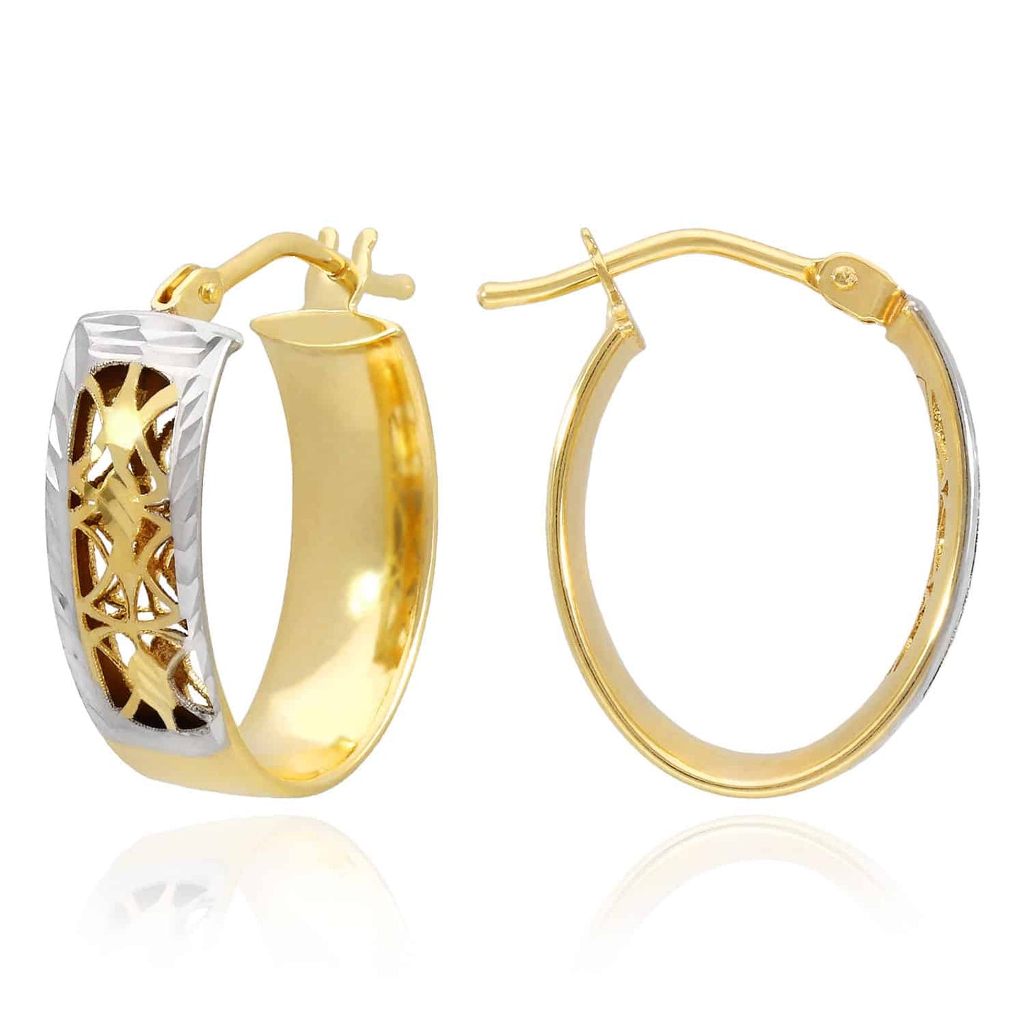 14K Two-Tone Gold Diamond Cut Out Oval Shape Hoop Earrings 20mm-25mm