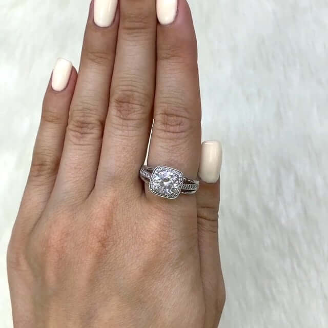 2.4CTW Round Cut CZ Square Halo Engagement Ring 14K Gold White