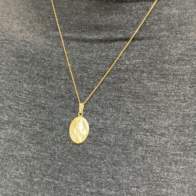 Yellow Gold Over 925 Silver Miraculous Virgin Mary Oval Medal With Chain 18"
