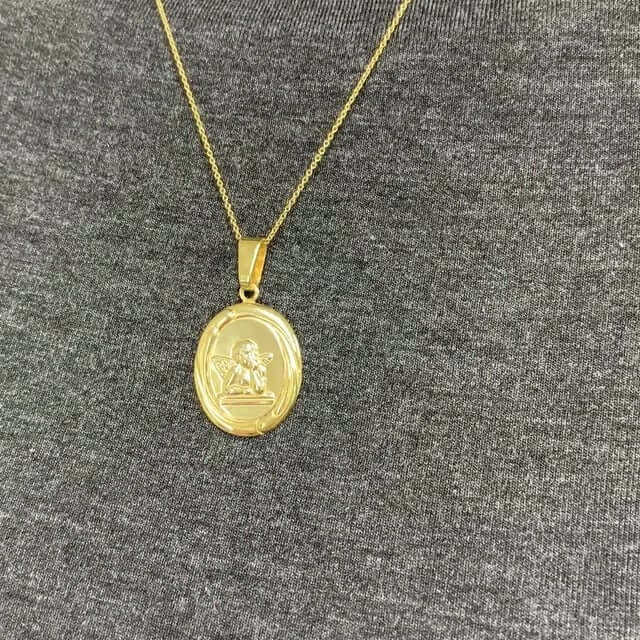 Yellow Gold Over Sterling Silver Guardian Angel Oval Medallion Pendant
