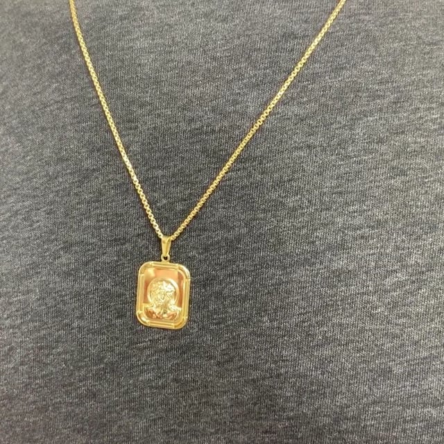 18K Yellow Gold Over Sterling Silver Jesus Head Rectangular Medal Pendant 1.46"