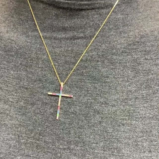 Yellow White Gold Over 925 Silver Multicolor Rainbow Gemstone Cross Pendant