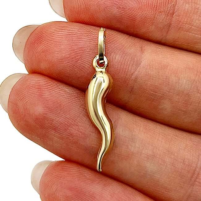 14K Real Gold Hollow Italian Horn Charm Pendant 1.2"