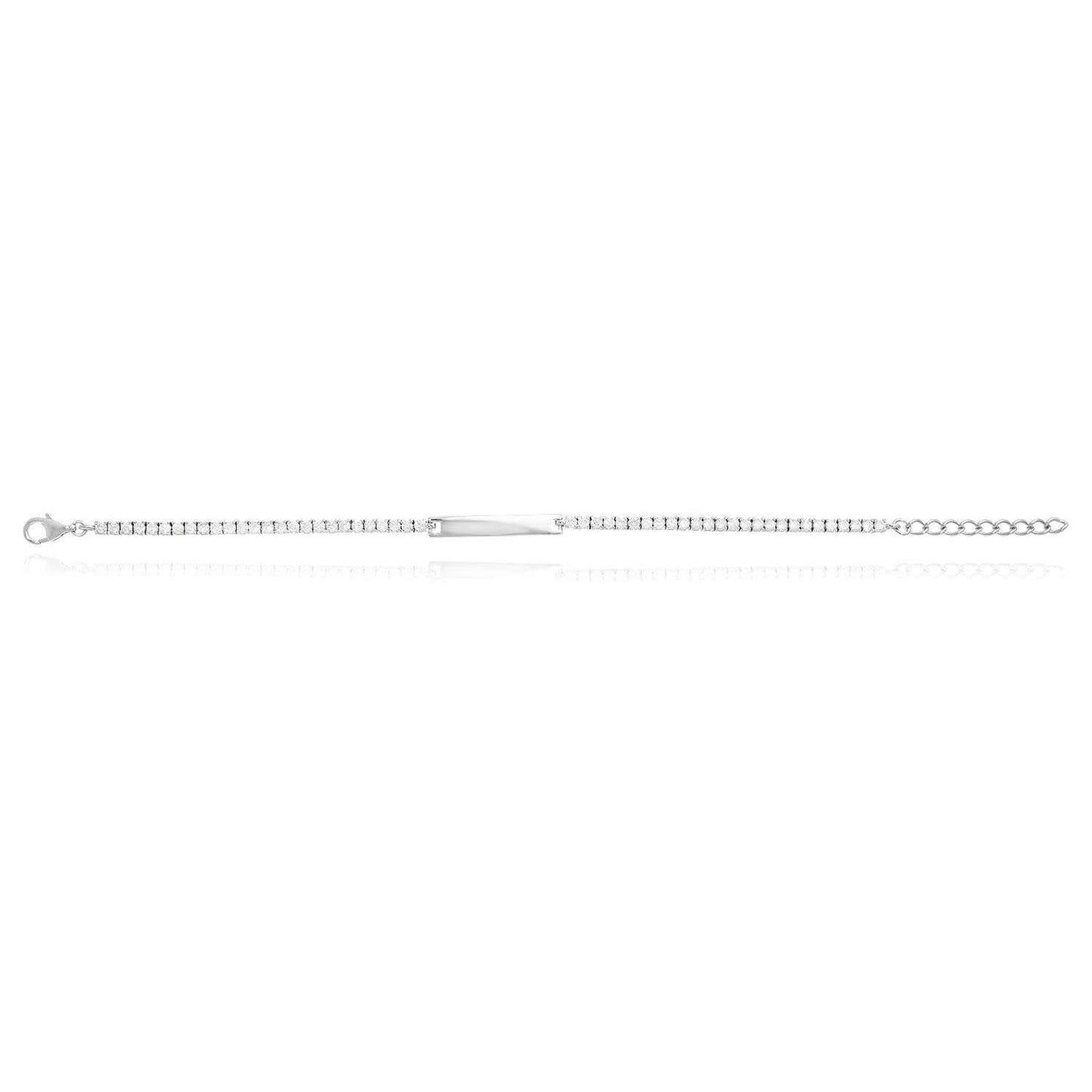 Solid 14K White Gold Over Silver ID Bar CZ Tennis Bracelet 6"-8" Adjustable