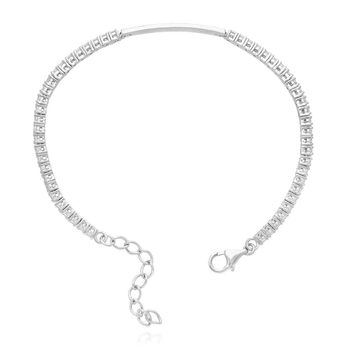 Solid 14K White Gold Over Silver ID Bar CZ Tennis Bracelet 6"-8" Adjustable
