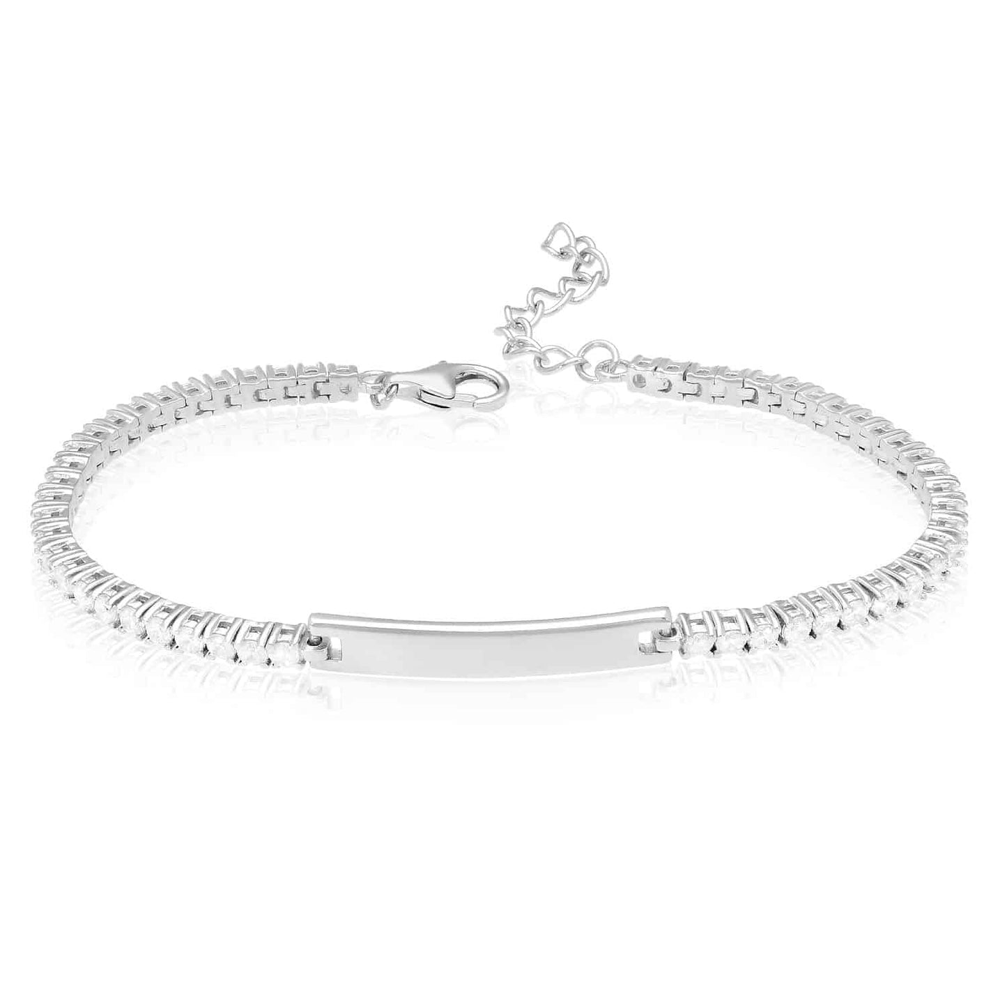 Solid 14K White Gold Over Silver ID Bar CZ Tennis Bracelet 6"-8" Adjustable