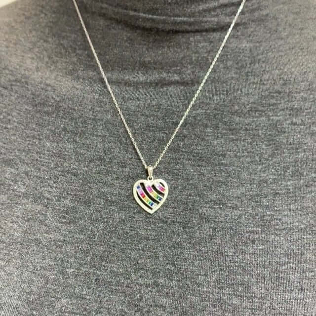 Sterling Silver Rainbow MultiColor Baguette Invisible CZ Heart Pendant Necklace 18"