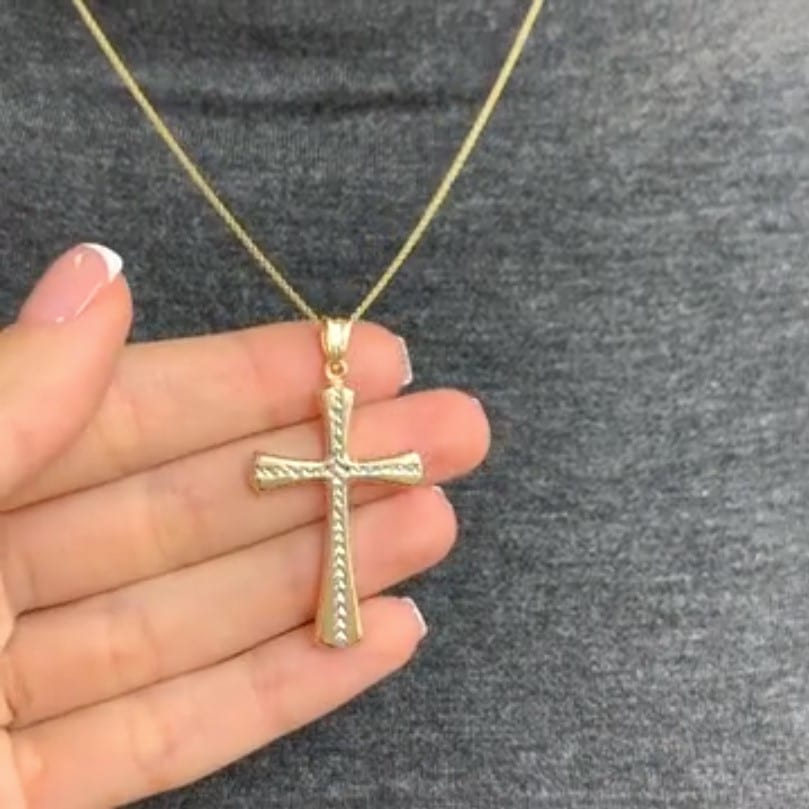 14K Two-Tone Yellow Gold Diamond Cut Religious Cross Pendant 1.7"