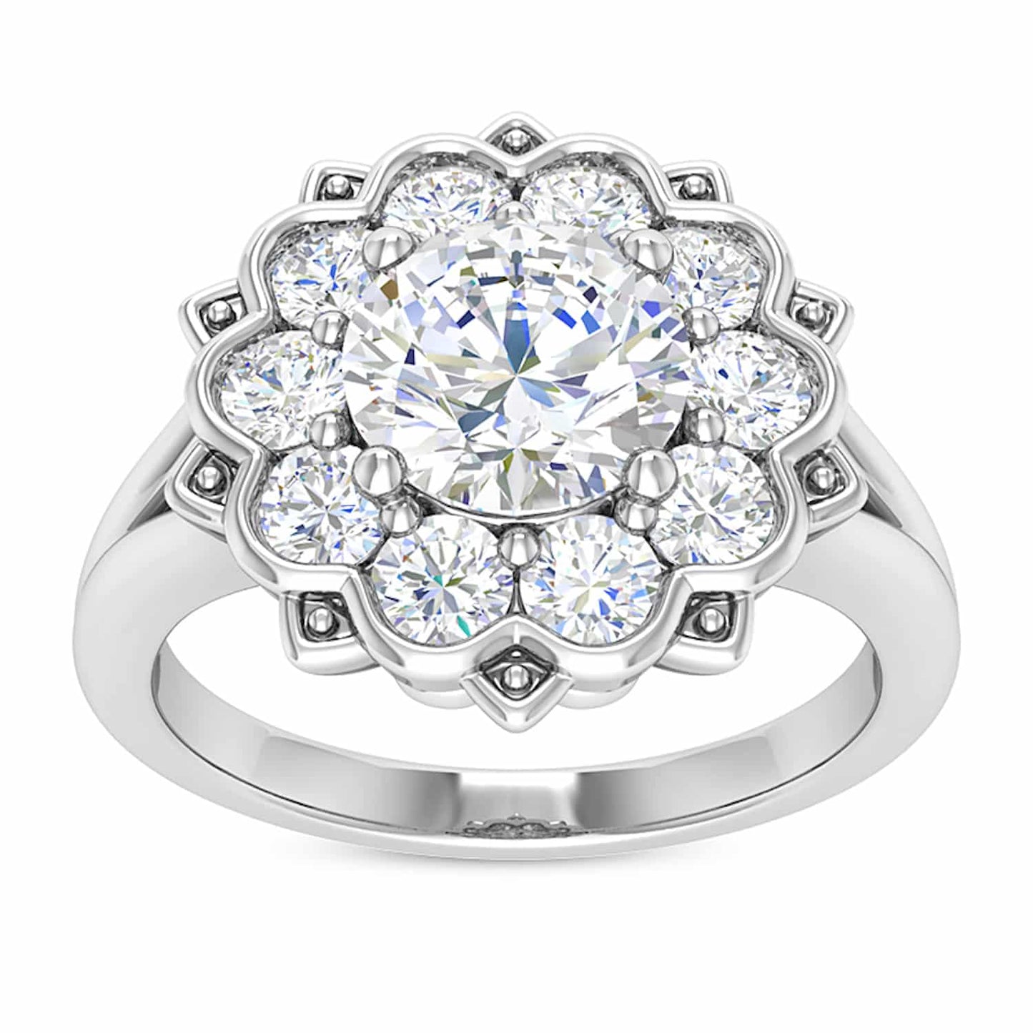 2.15CTW Real Diamond & Moissanite Floral Halo 18K Gold White Engagement Ring