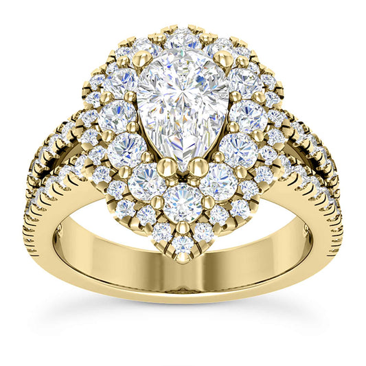 3.25CT Natural Diamond Pear Moissanite Pear Halo Split 18K Gold Engagement Ring