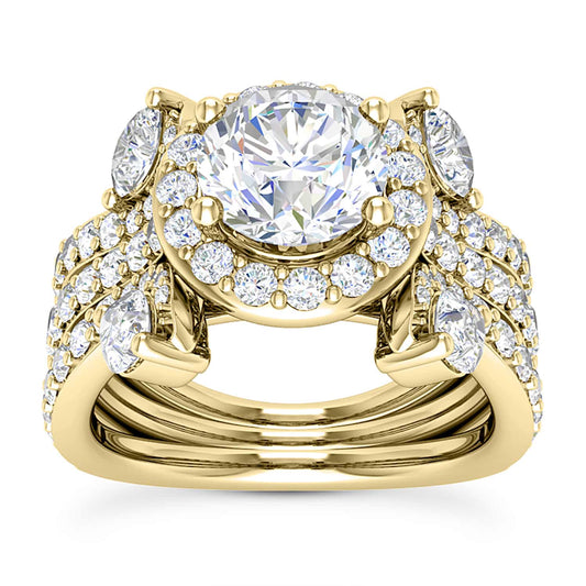 2.50CTW Natural Diamond Moissanite Halo Triple Shank 18K Gold Engagement Ring
