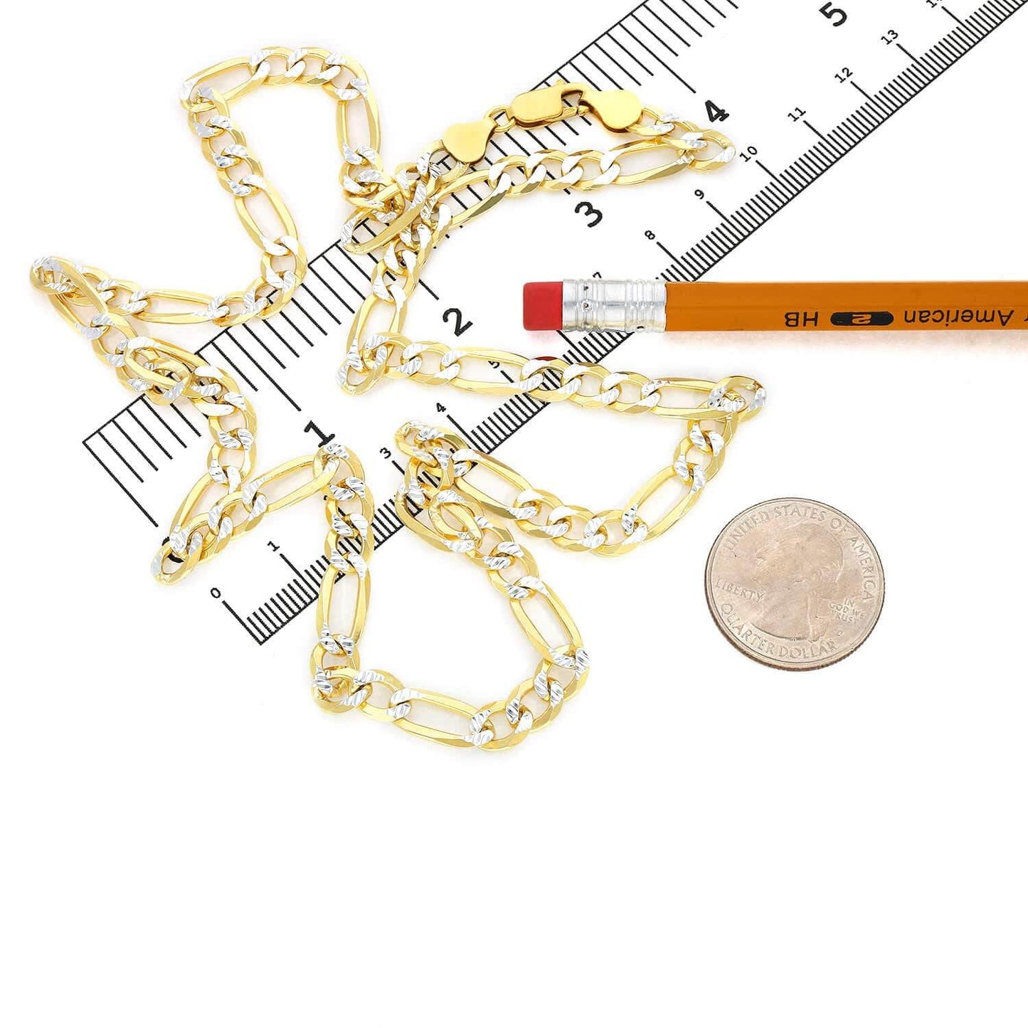 Solid 18K Gold Over Over Silver 7mm Diamond-Cut Figaro Chain Necklace 20"-26"