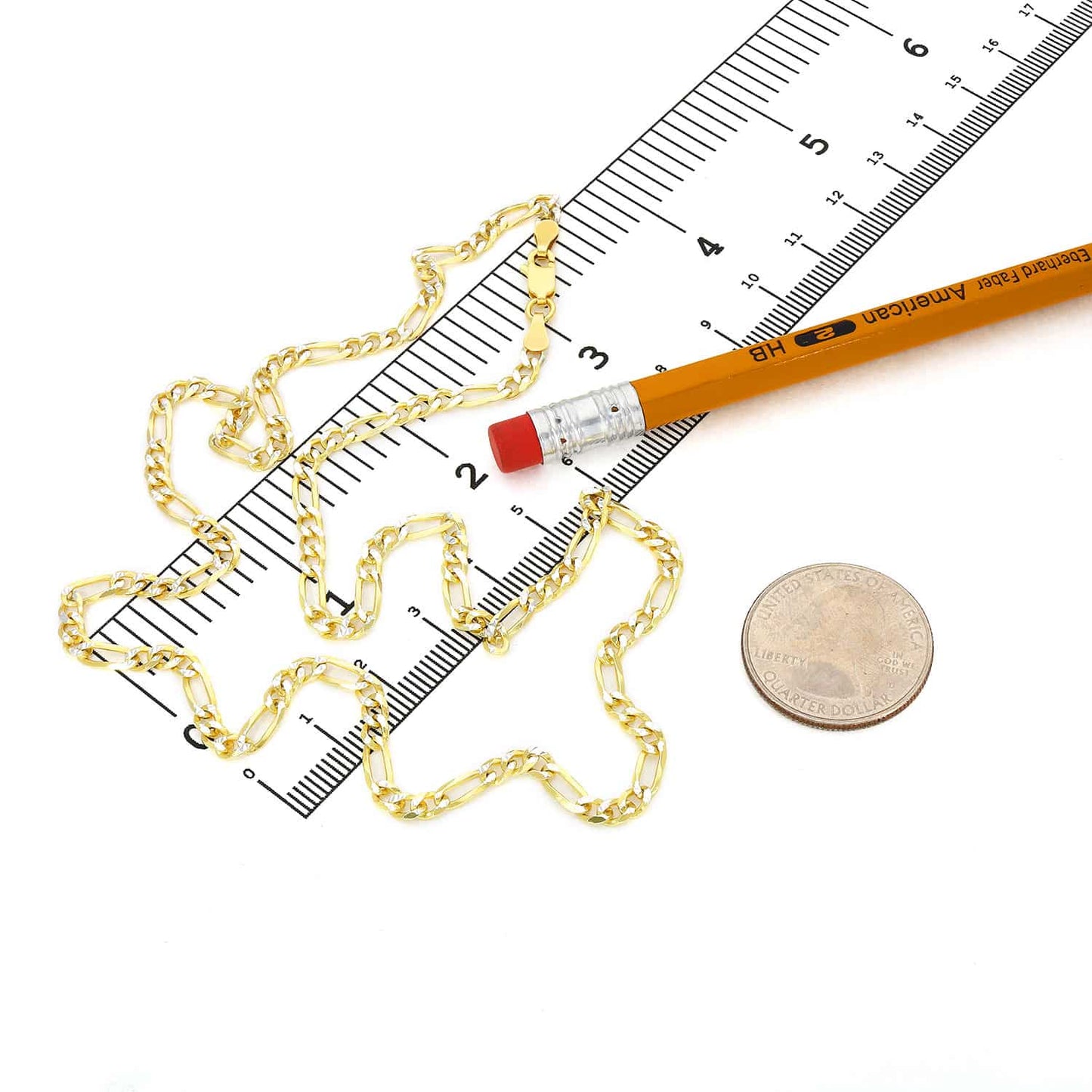 Solid 18K Gold Over Silver 3.5mm Diamond-Cut Pave Figaro Chain Necklace 16"-30"