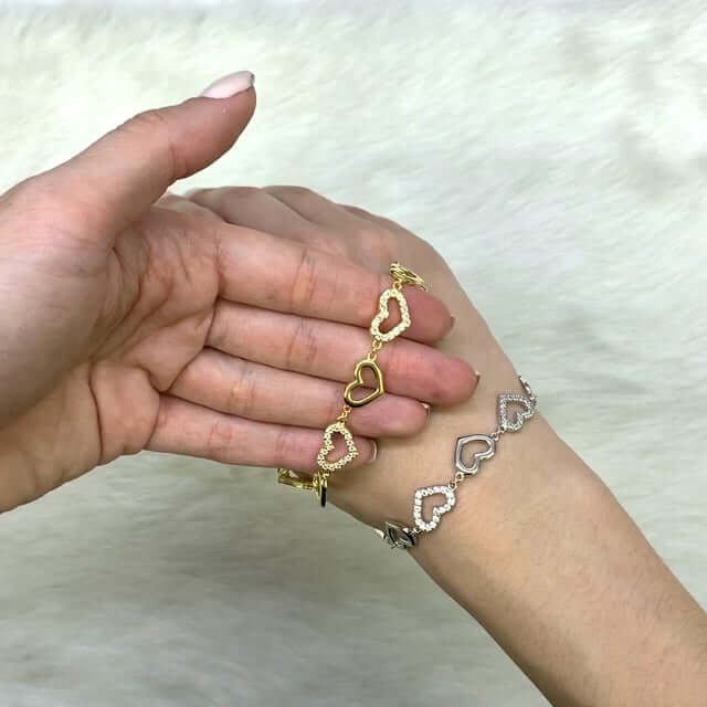 Yellow White Gold Tone 925 Sterling Open Heart CZ Bracelet
