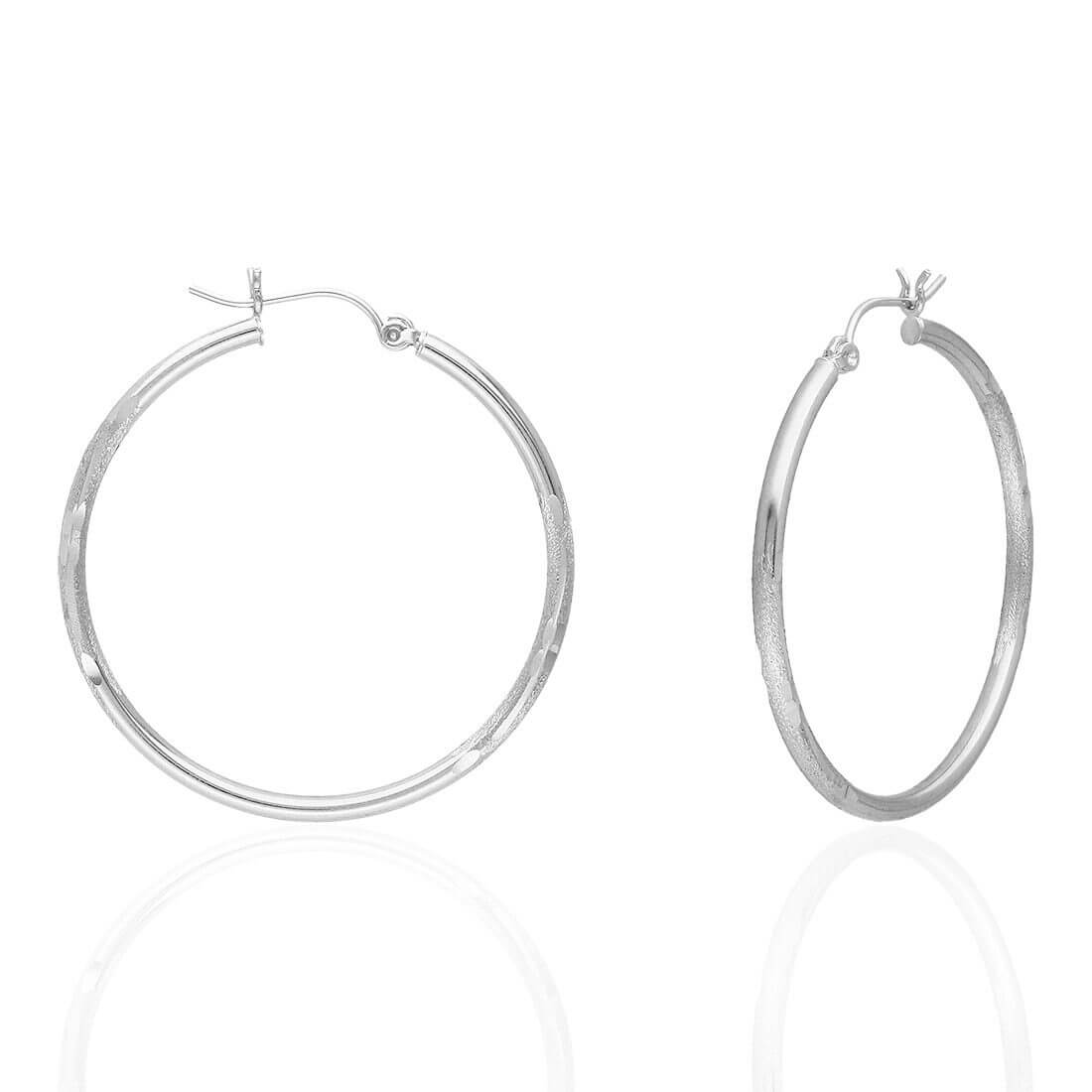 14K White Gold 2mm Diamond-Cut Round Hoop Earrings 22-76mm