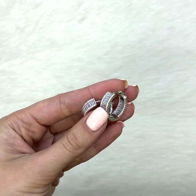 Yellow White Gold Over Silver Inside Out Baguette Round CZ Huggie Hoop Earrings