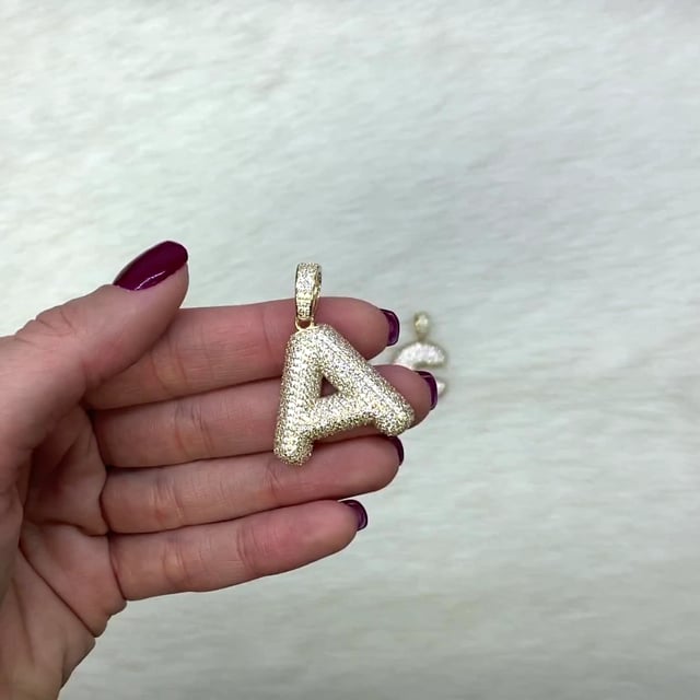 14K Yellow Gold Pave CZ Bubble Letter Initial 1.5" Pendant A-Z