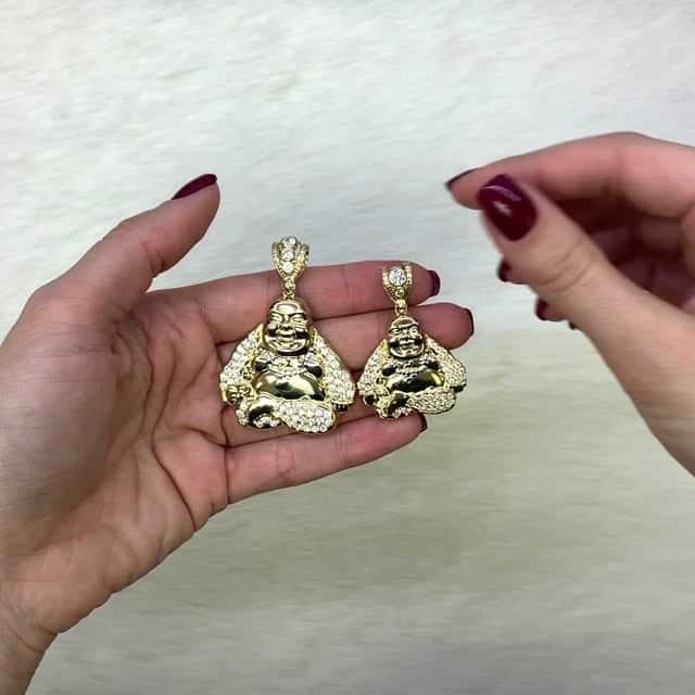 14K Solid Yellow Gold CZ Buddha Charm Pendant 1.65"-2.13"
