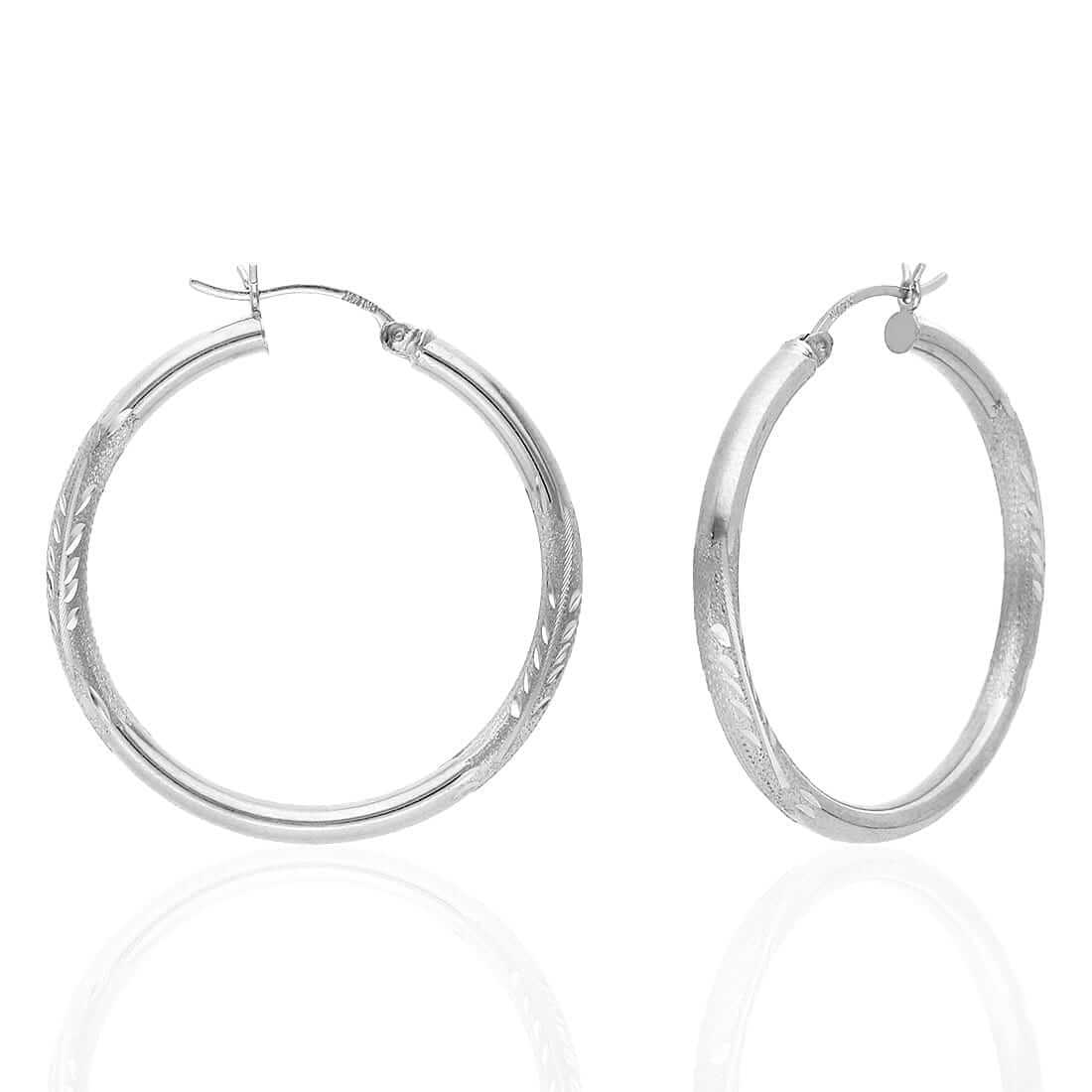 14K Solid Yellow & White Gold 3mm Diamond-Cut Finish Hoop Earrings 19-75mm