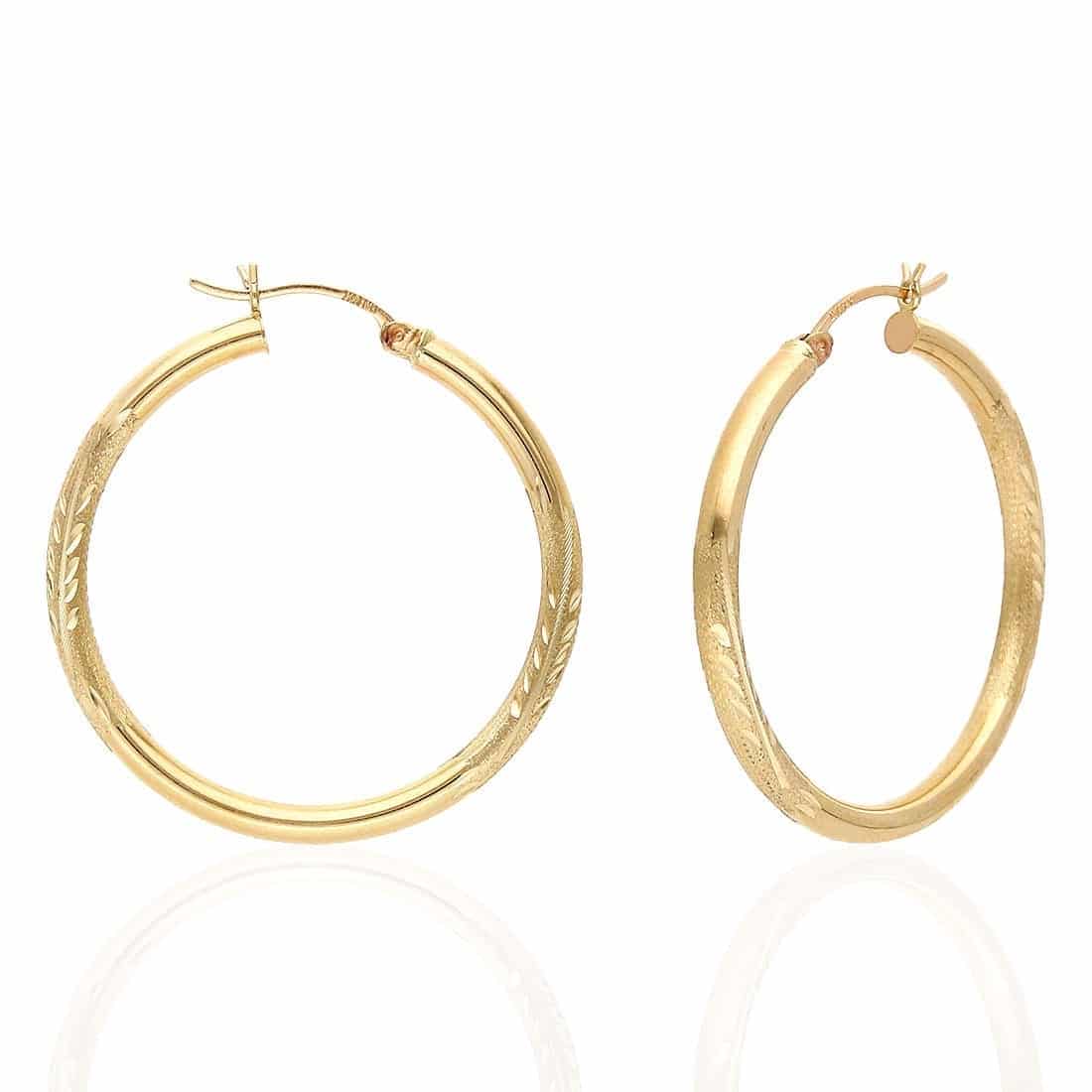 14K Solid Yellow & White Gold 3mm Diamond Cut Finish Hoop Earrings 19-75mm