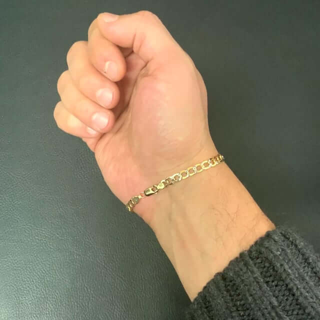 14K Yellow Gold White Pave Diamond-Cut 4.8mm Cuban Bracelet 7" 8"