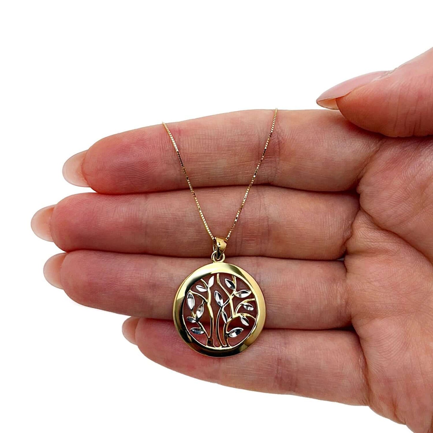 14K Gold Round Tree of Life Circle Pendant Box Chain 18"