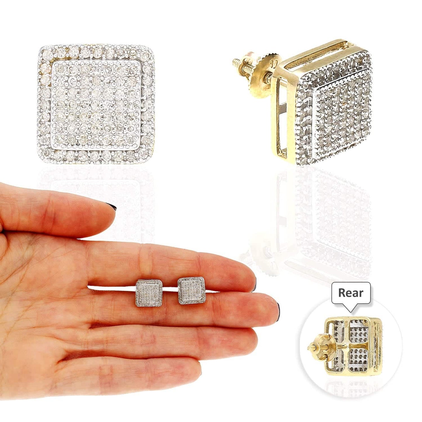 0.50Ct Real Diamond 10K Yellow Gold Micro Pave Square ScrewBack Stud Earrings