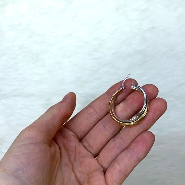 14K Yellow White Gold Two Tone Over Sterling Silver Double Hoop Earrings 29mm