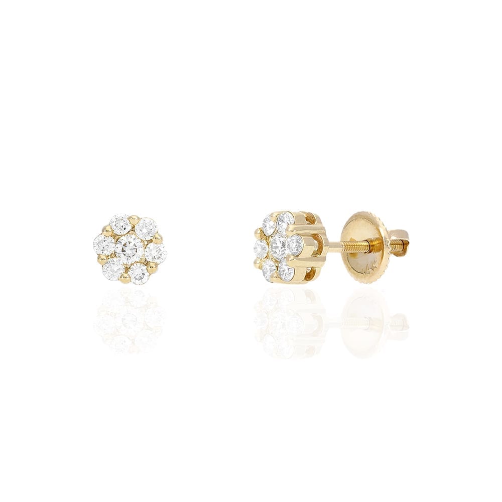 14K Yellow Gold 0.66Ct Real Diamond Flower Shaped Halo Cluster Stud Earrings