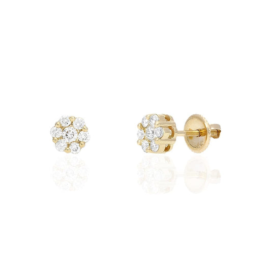14K Yellow Gold 0.66Ct Natural Diamond Flower Shaped Halo Cluster Stud Earrings