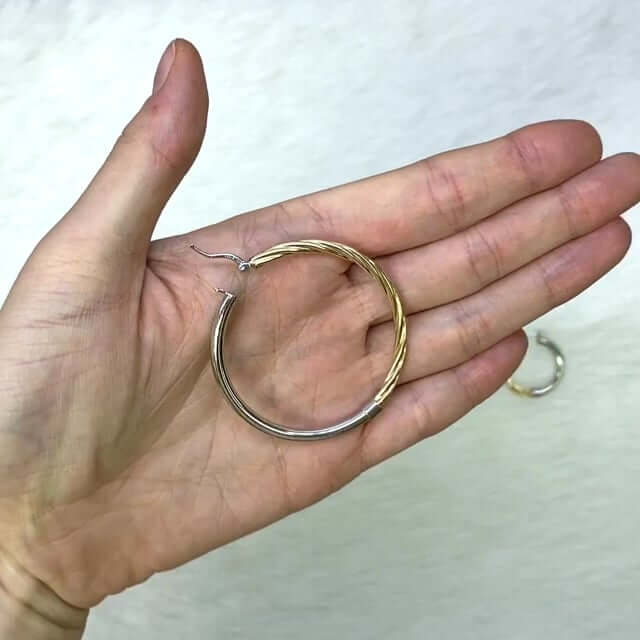 Yellow White Gold Over 925 Silver 3mm Half Shiny Half Twisted Hoop Earrings