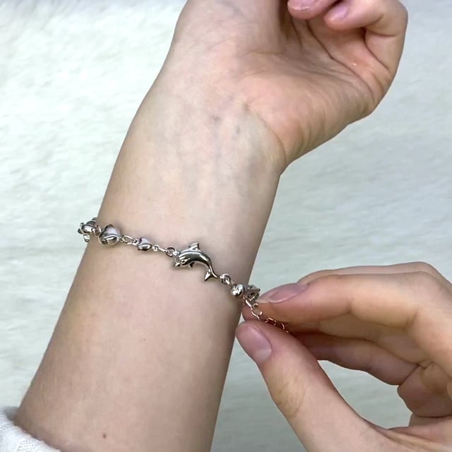 925 Sterling Silver Shiny Puffed Dolphin And Heart Adjustable Bracelet 7"-8.5"