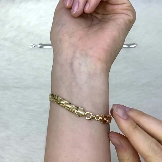 Yellow White Gold Over Sterling Silver Fancy Puffed Herringbone Bracelet 7.5"