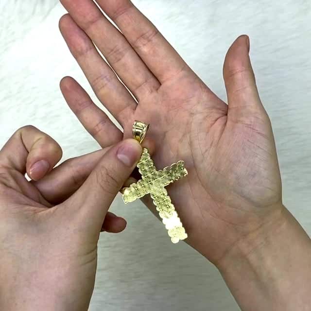 10K Real Gold White Diamond-Cut Nugget Cross Pendant