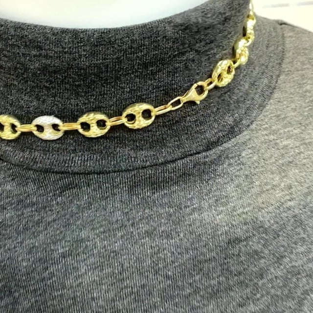 10K Yellow Gold CZ Puffed Mariner Anchor Nugget Chain 20"-24"