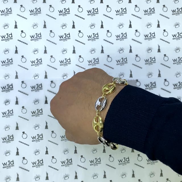 10K Yellow White Gold Two-Tone 15mm Puffed Anchor Mariner Bracelet 9″