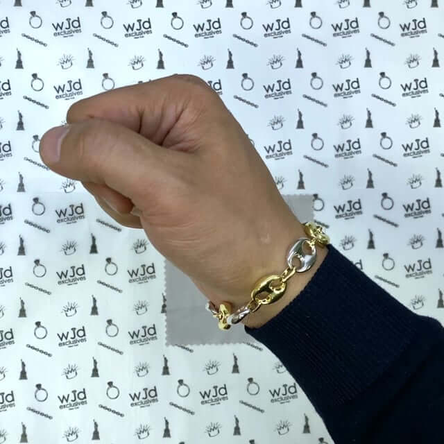 10K Yellow White Gold Two-Tone 12mm Puffed Anchor Mariner Bracelet (Hollow) 8.5"