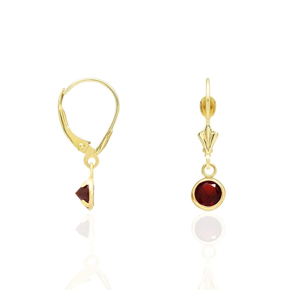 14k Yellow Gold Round Bezel Simulated Birthstone Drop Leverback Earrings