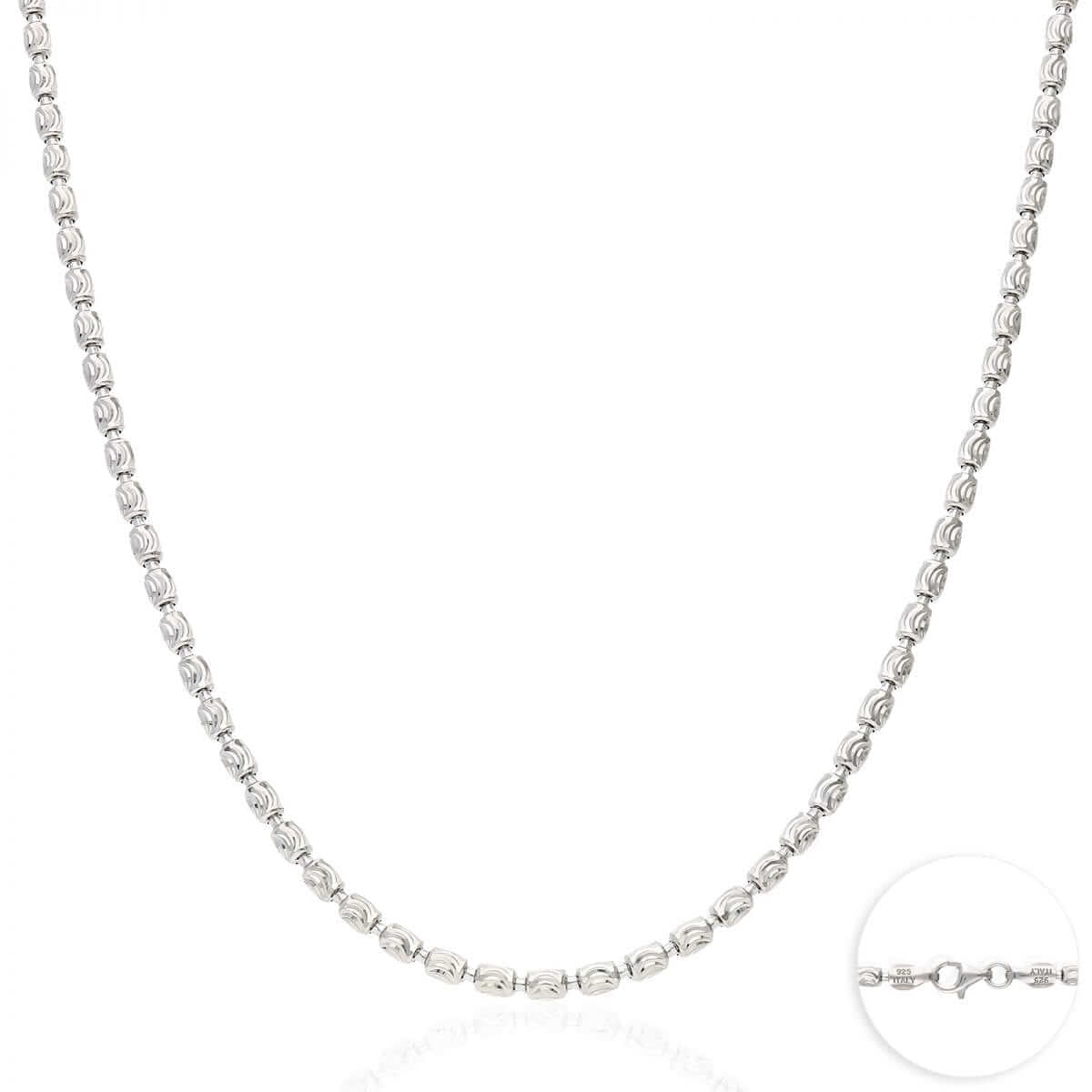 Sterling Silver 2mm-4mm White Half Moon-Cut Oval Barrel Beaded Chain (Solid Links) 18"-26"