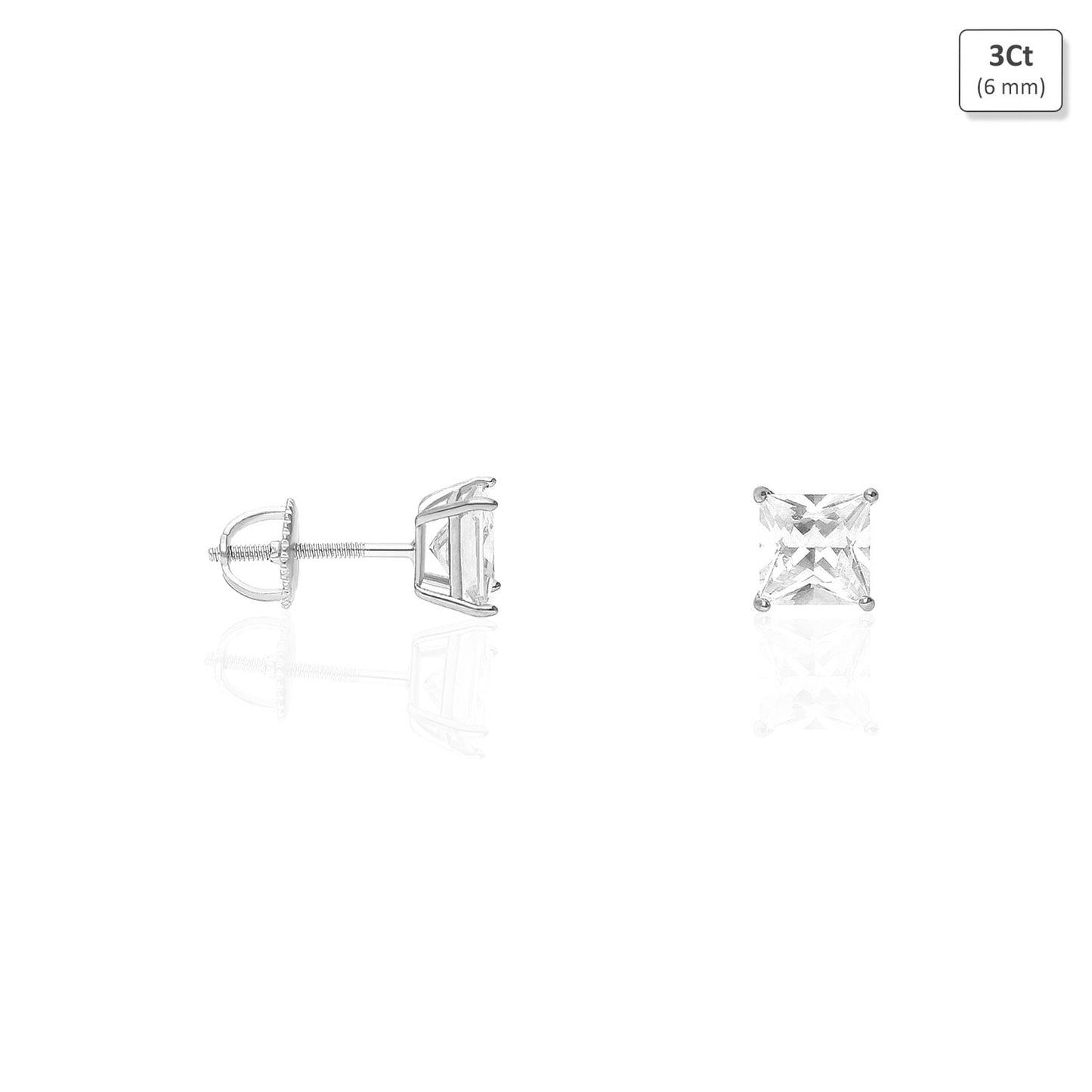 925 Sterling Silver Princess Cut CZ Solitaire Screw Back Stud Earrings 0.5CT-6CT