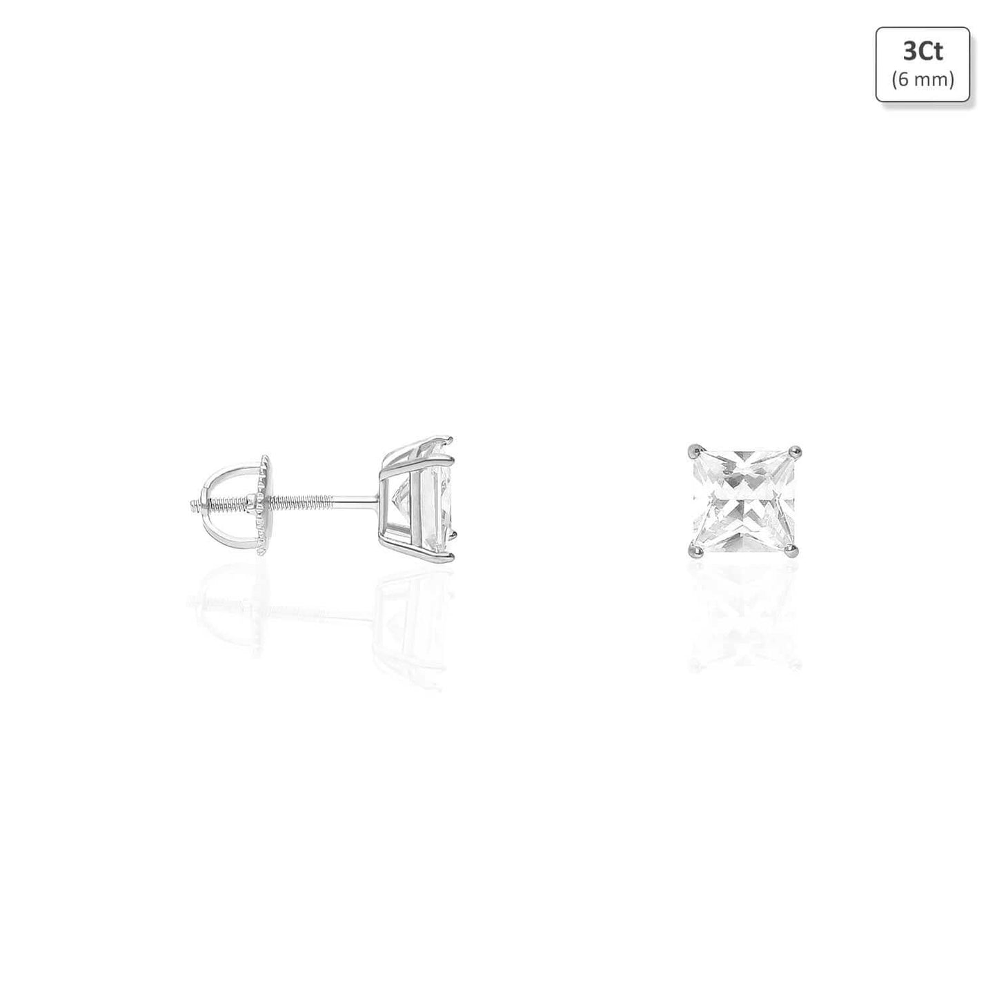 925 Sterling Silver Princess-Cut CZ Solitaire Screw Back Stud Earrings 0.5CT-6CT