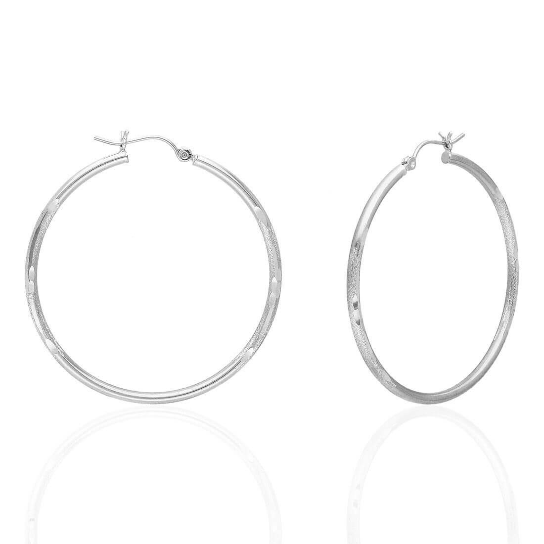 14K White Gold 2mm Diamond-Cut Round Hoop Earrings 22-76mm